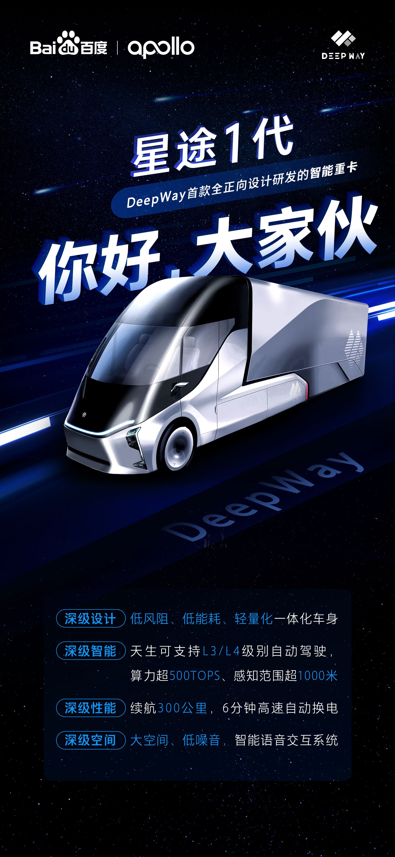 百度入局物流市场 发布DeepWay重卡星途1代 支持L4级自动驾驶